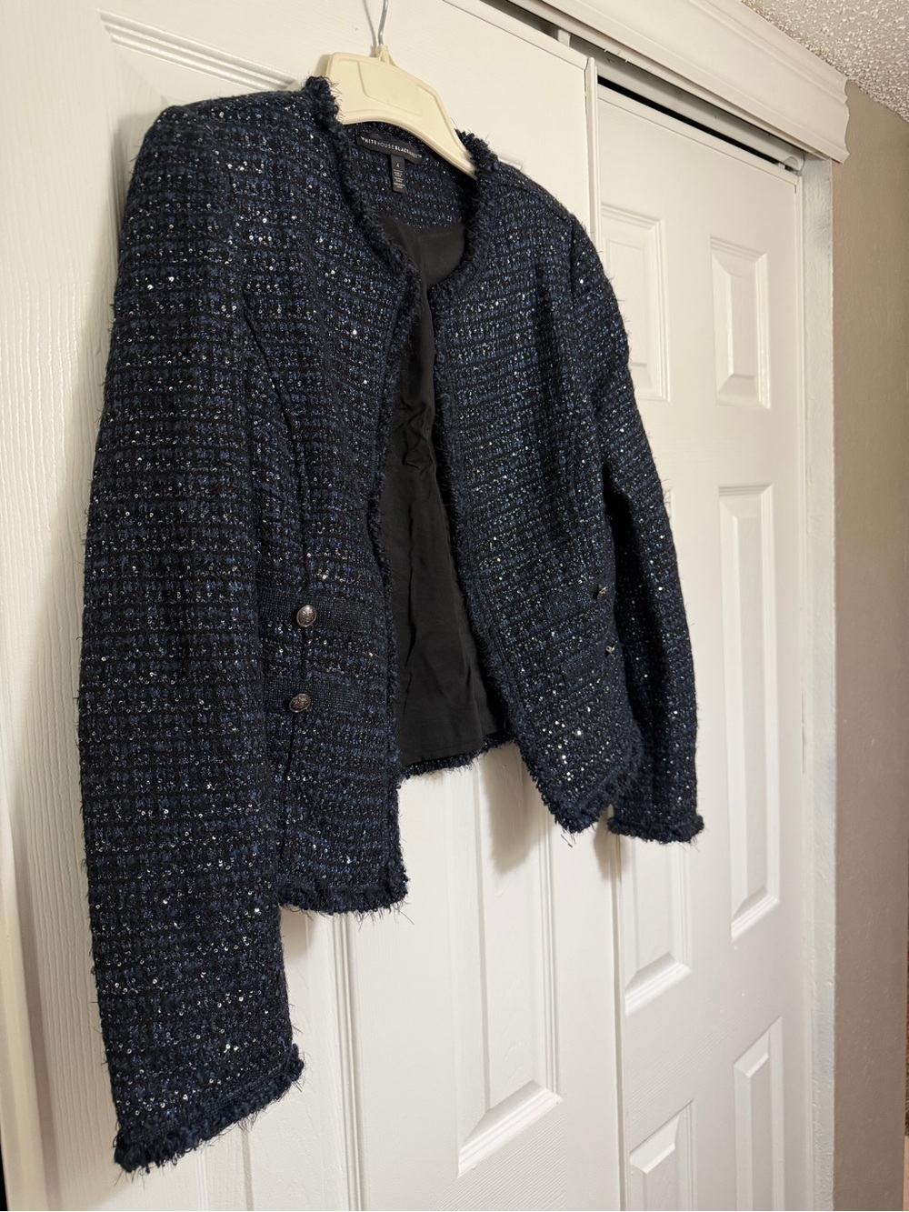 White House Black Market Navy Tweed Fringed Blazer